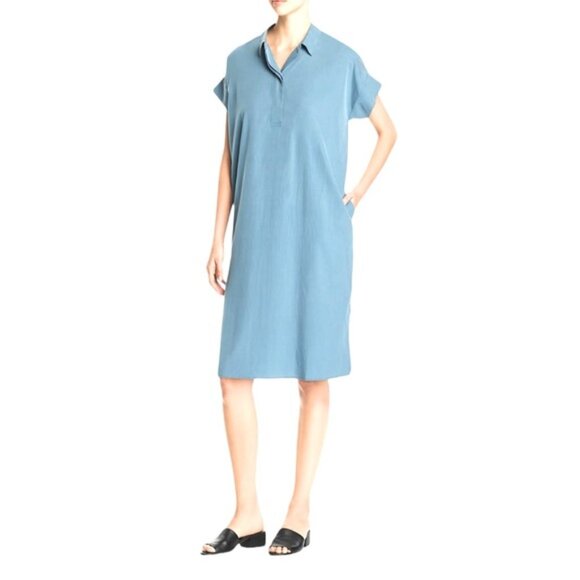 Eileen Fisher Cornflower Dress Tencel Shirt Collar Pockets Classic Minimalist L - Picture 1 of 14